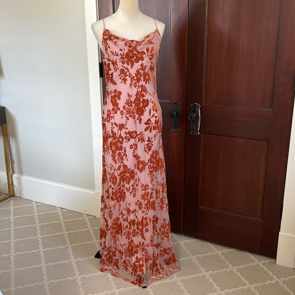 L’Agence elegant evening gown in orange burnout velvet over blush slip